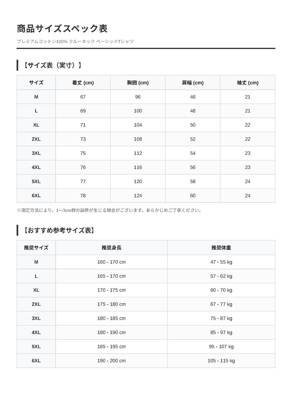 メンズ プレミアムコットン100% クルーネック ベーシックTシャツ