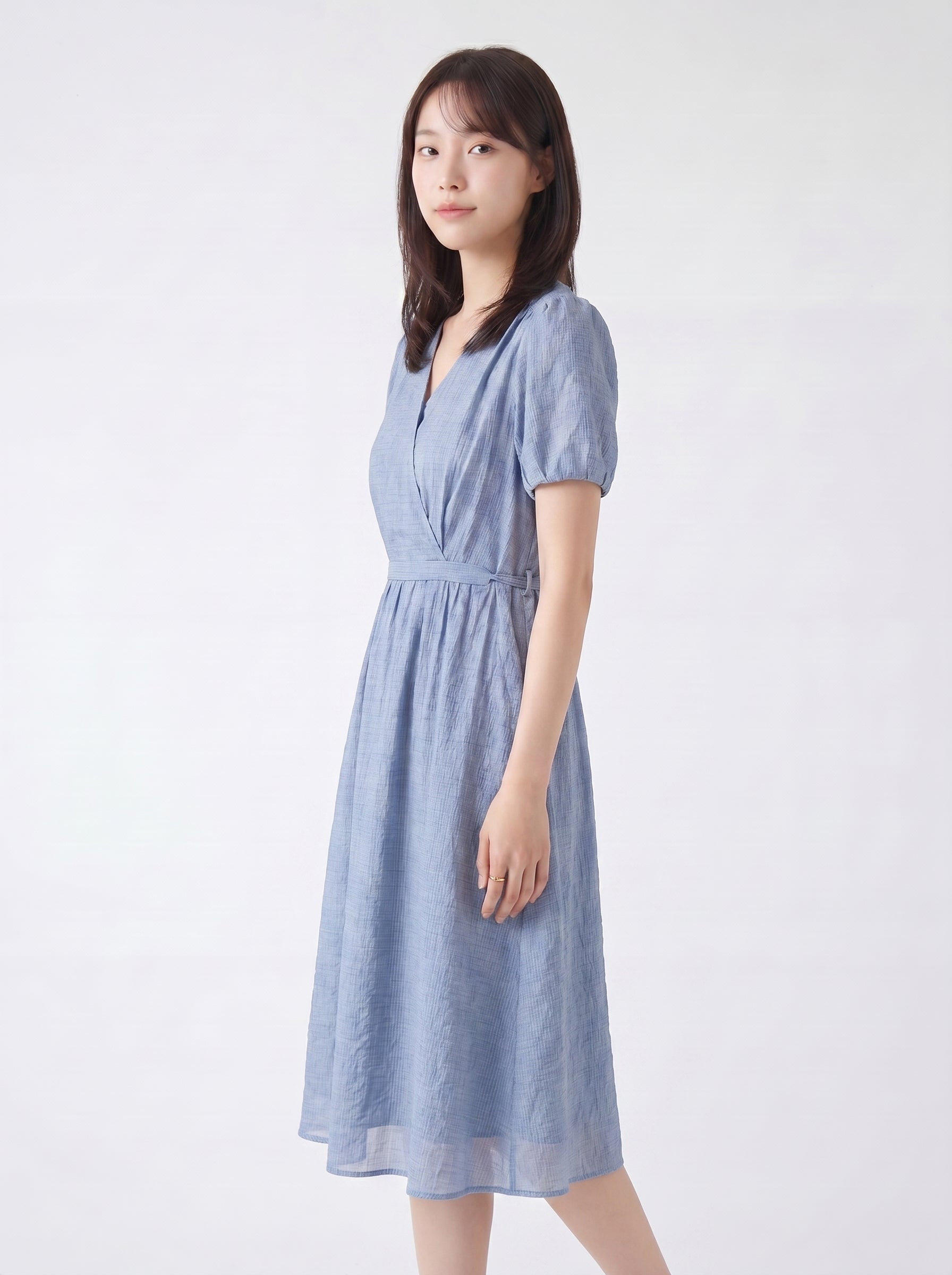 レディース カシュクール風 Vネックパフスリーブワンピース